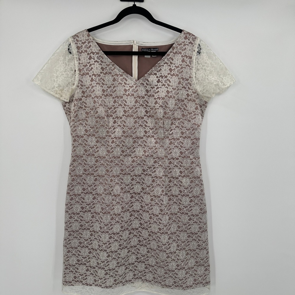 Sheila Frank Designer Lace Overlay V Neck Sheath‎ Dress Brown White Short Sleeve